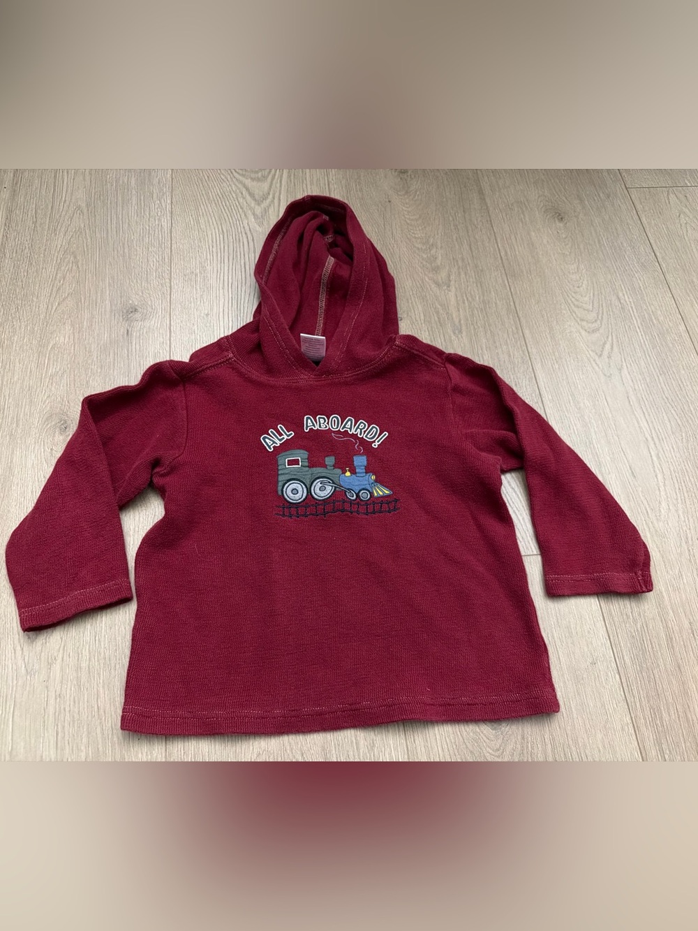 Kids' Burgundy Hoodie Top with 'All Aboard' Train Graphic train 2T